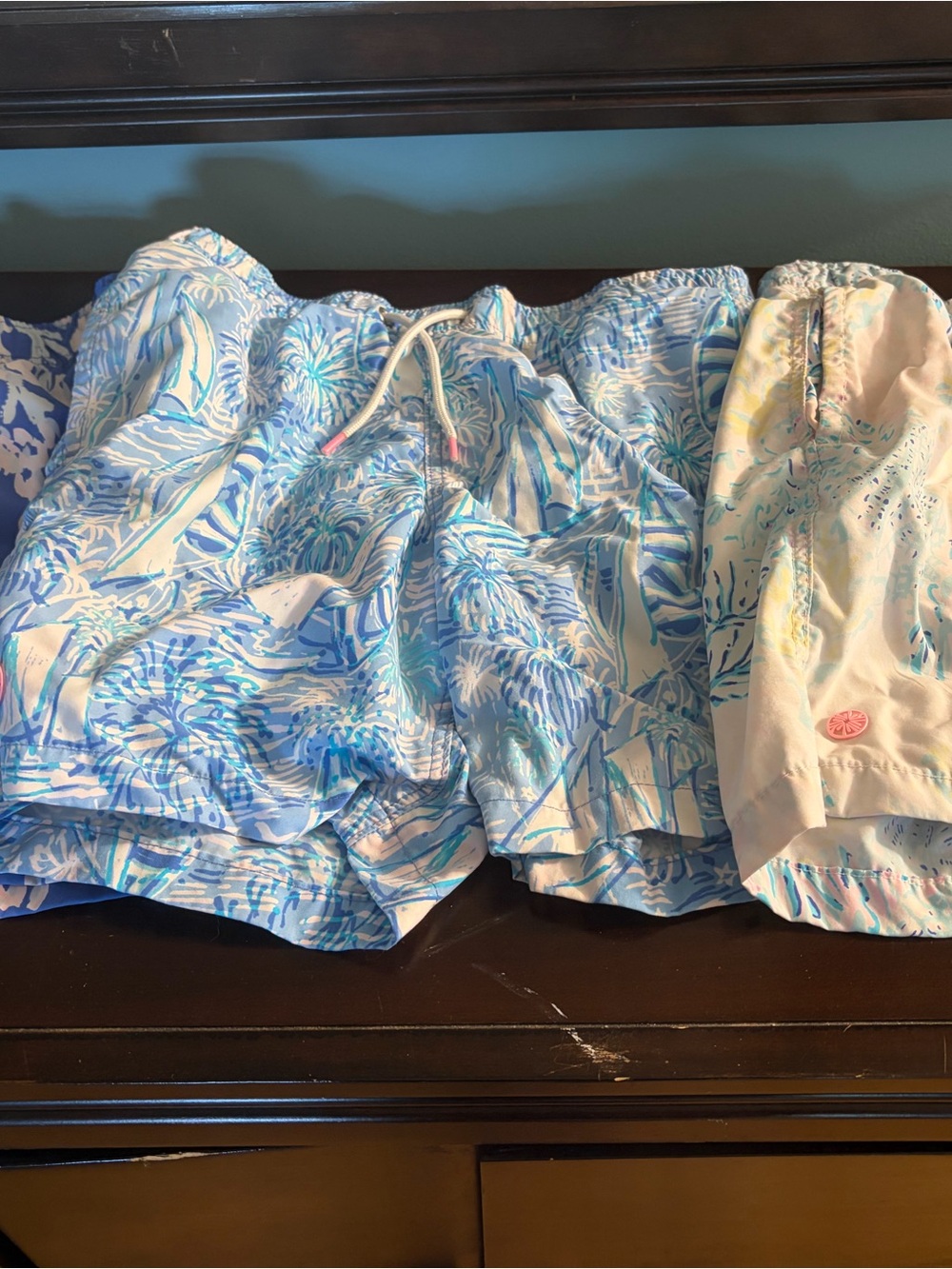 Lilly Pulitzer Blue and White Tropical Swim Trunks